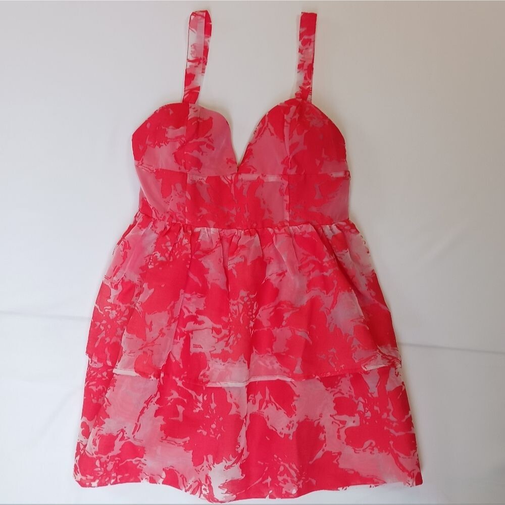 DAY + MOON Formal Mini Dress Engagement Party Babydoll Ruffles Coral Pink Size M - Picture 2 of 12